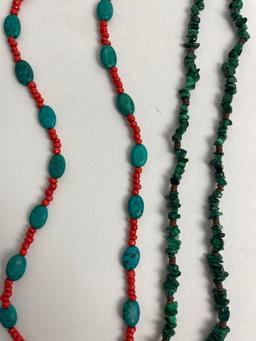 STERLING SILVER CORAL TURQUOISE MALACITE NATIVE AMERICAN VINTAGE NECKLACE