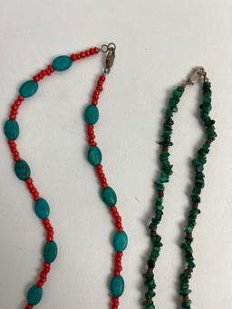 STERLING SILVER CORAL TURQUOISE MALACITE NATIVE AMERICAN VINTAGE NECKLACE