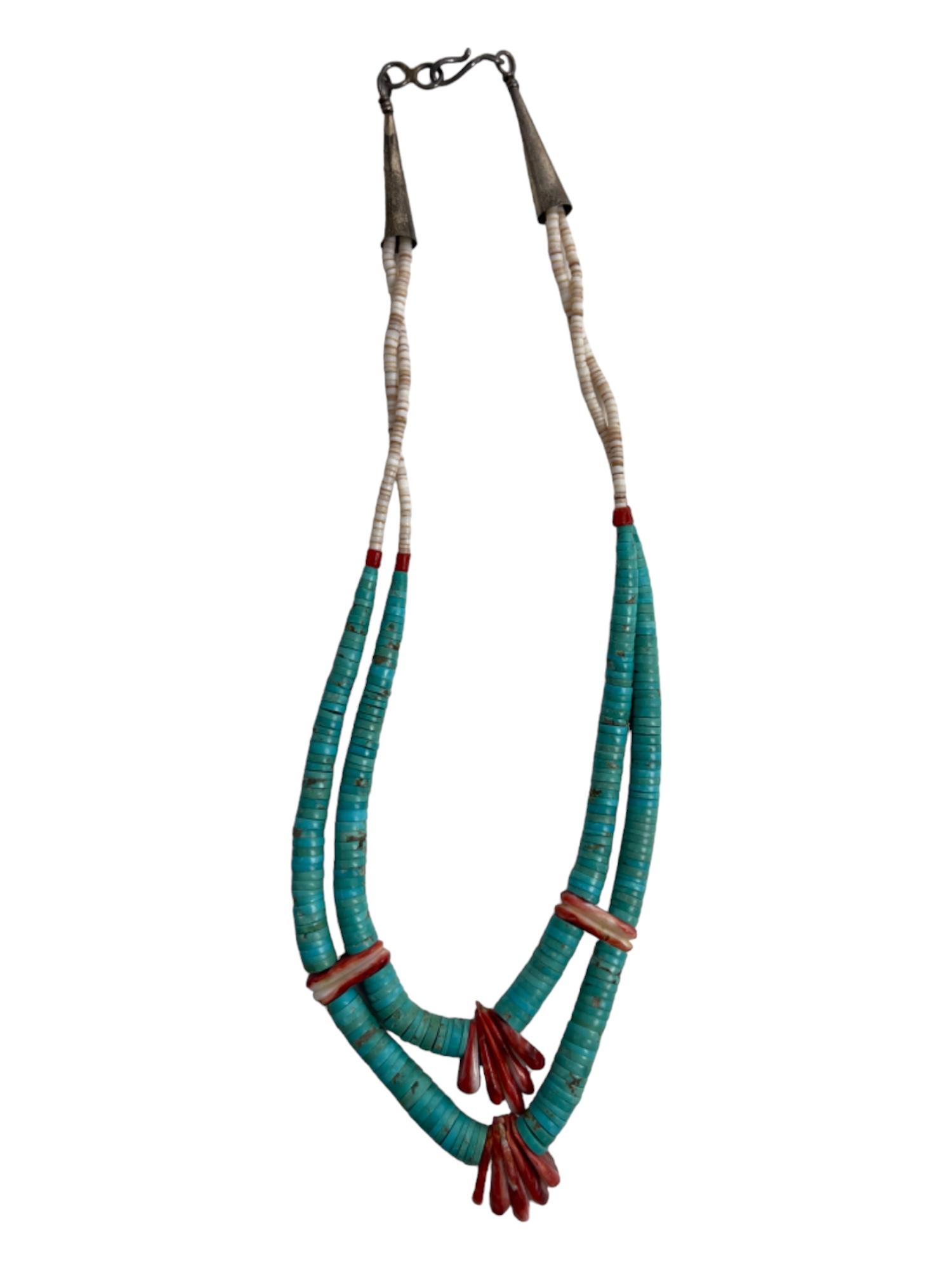 STERLING SILVER CORAL TURQUOISE NATIVE AMERICAN VINTAGE NECKLACE