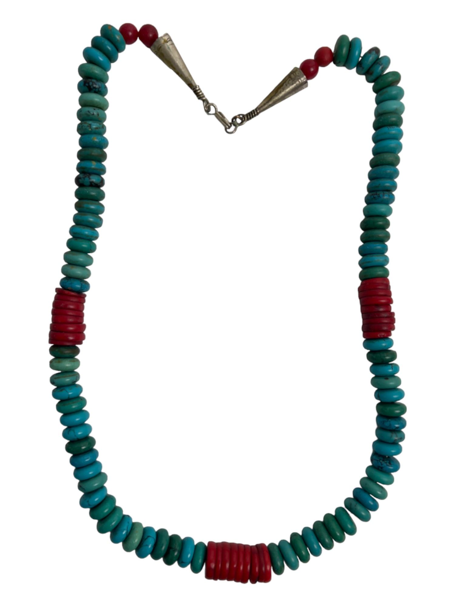 STERLING SILVER CORAL TURQUOISE NATIVE AMERICAN VINTAGE NECKLACE