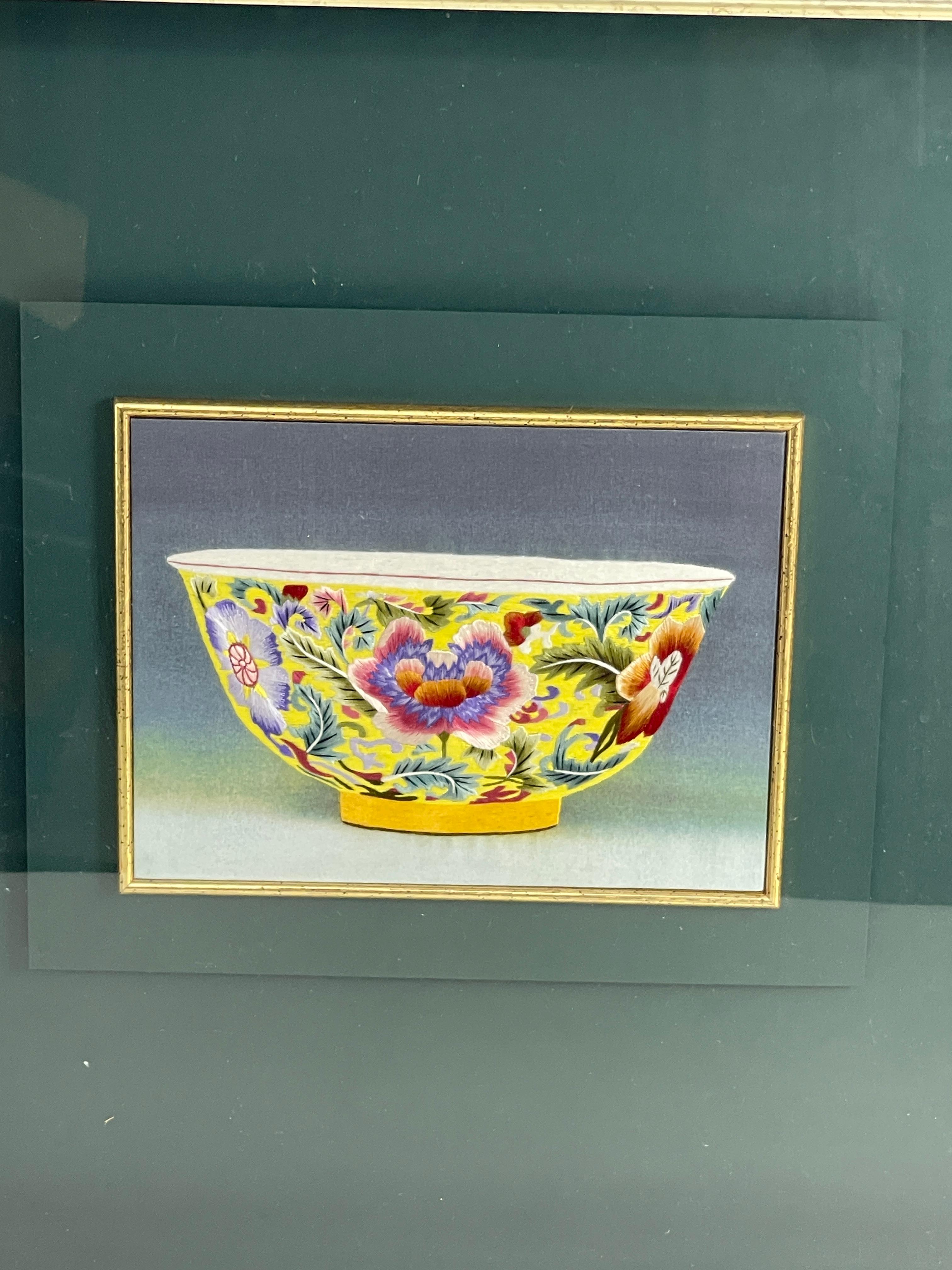 ANTIQUE CHINESE NEEDLEPOINT TAPESTRY ART FRAMED BOWL