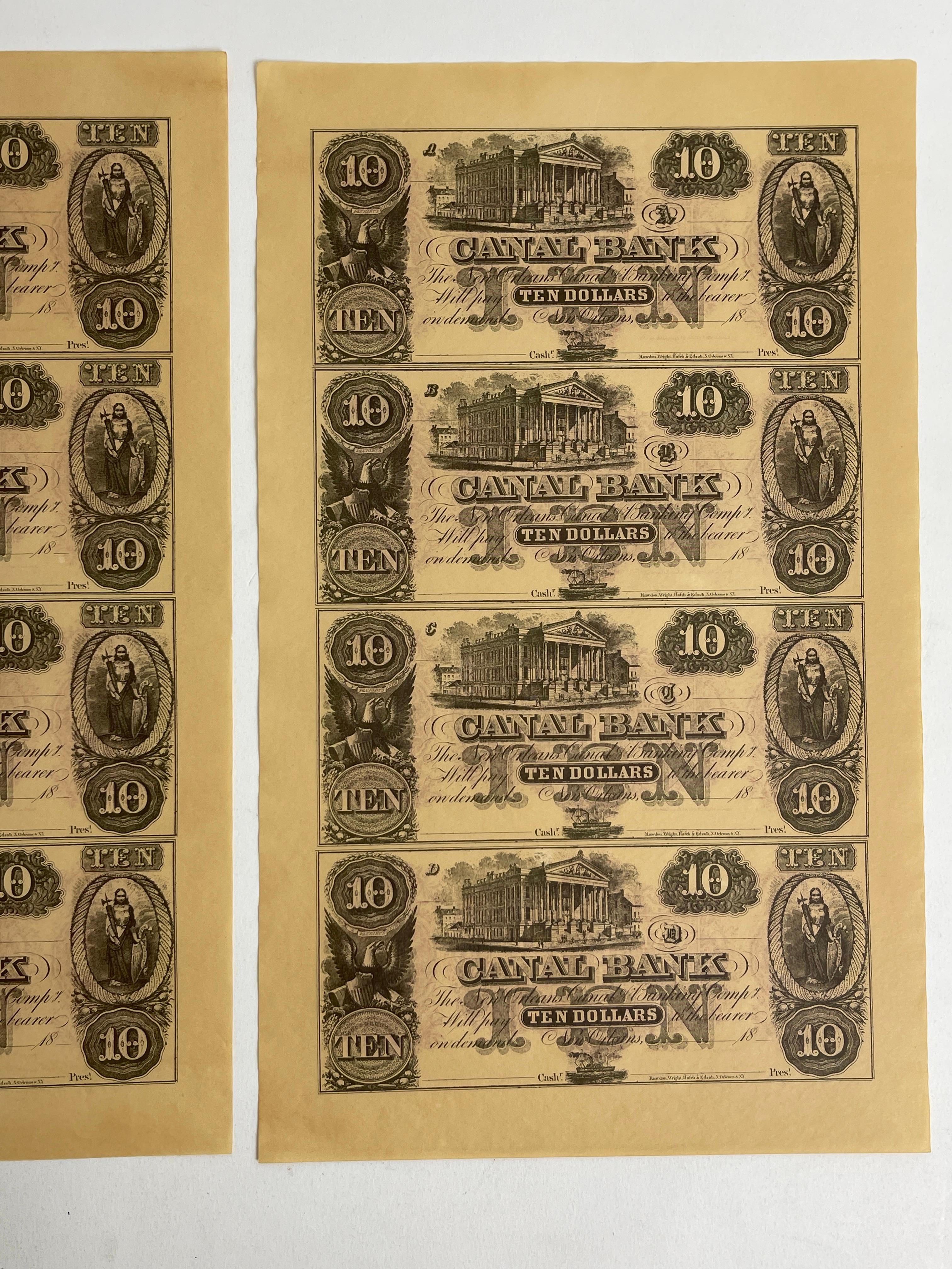 New Orleans Canal Bank Uncut Sheet $10 Obsolete Currency Notes