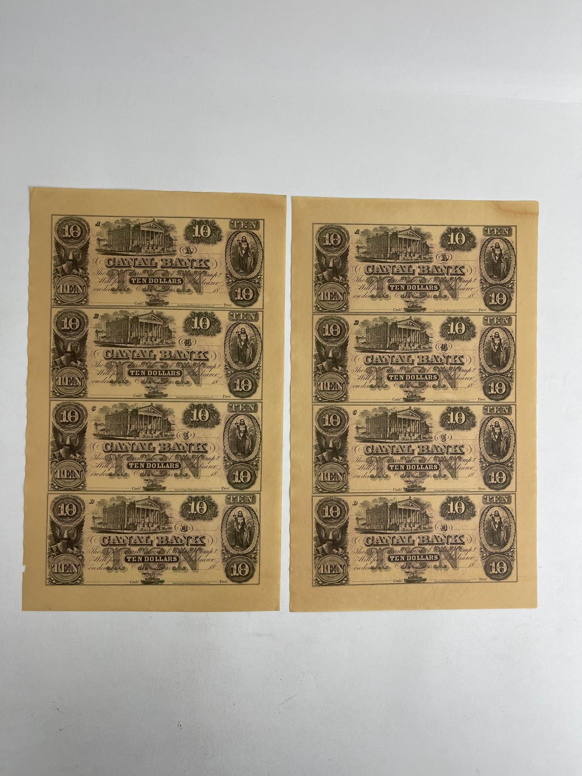 New Orleans Canal Bank Uncut Sheet $10 Obsolete Currency Notes