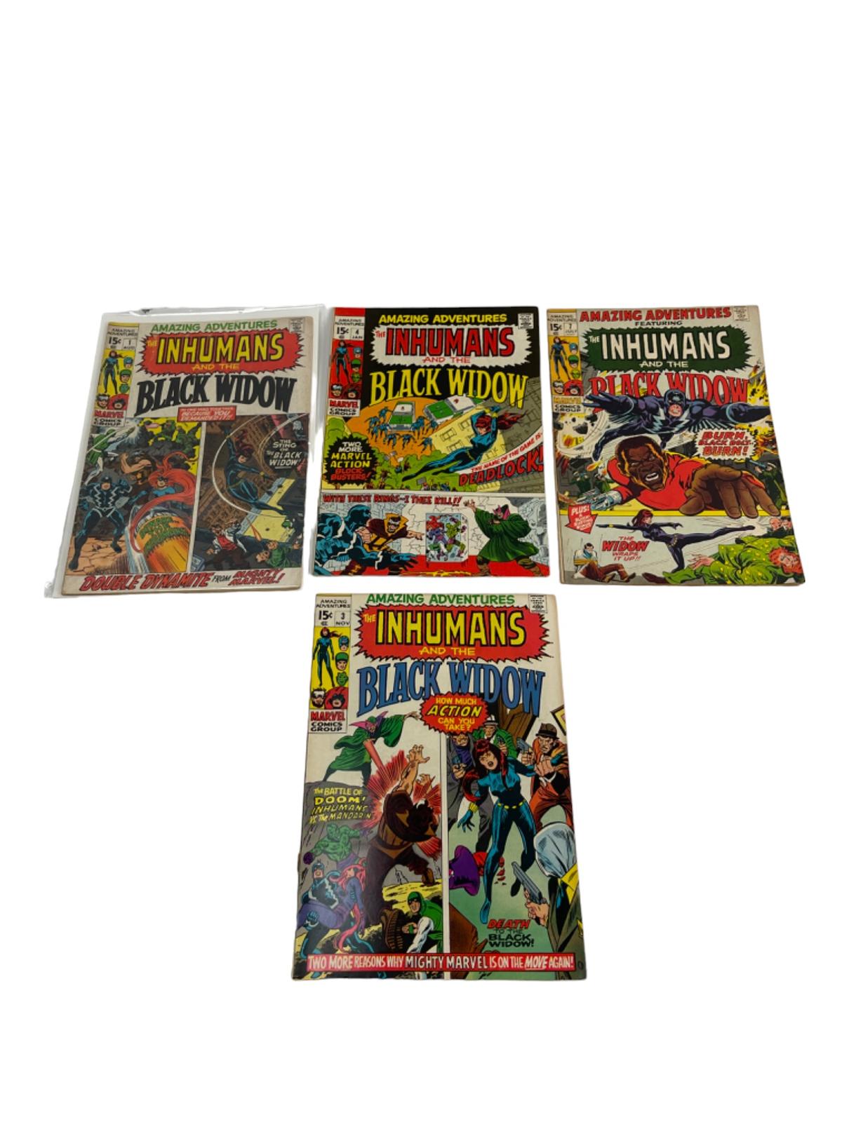 Vintage The Inhumans and the Black Widow #1, #3, #4, #7 Marvel Comic Book Collection Lot of 4