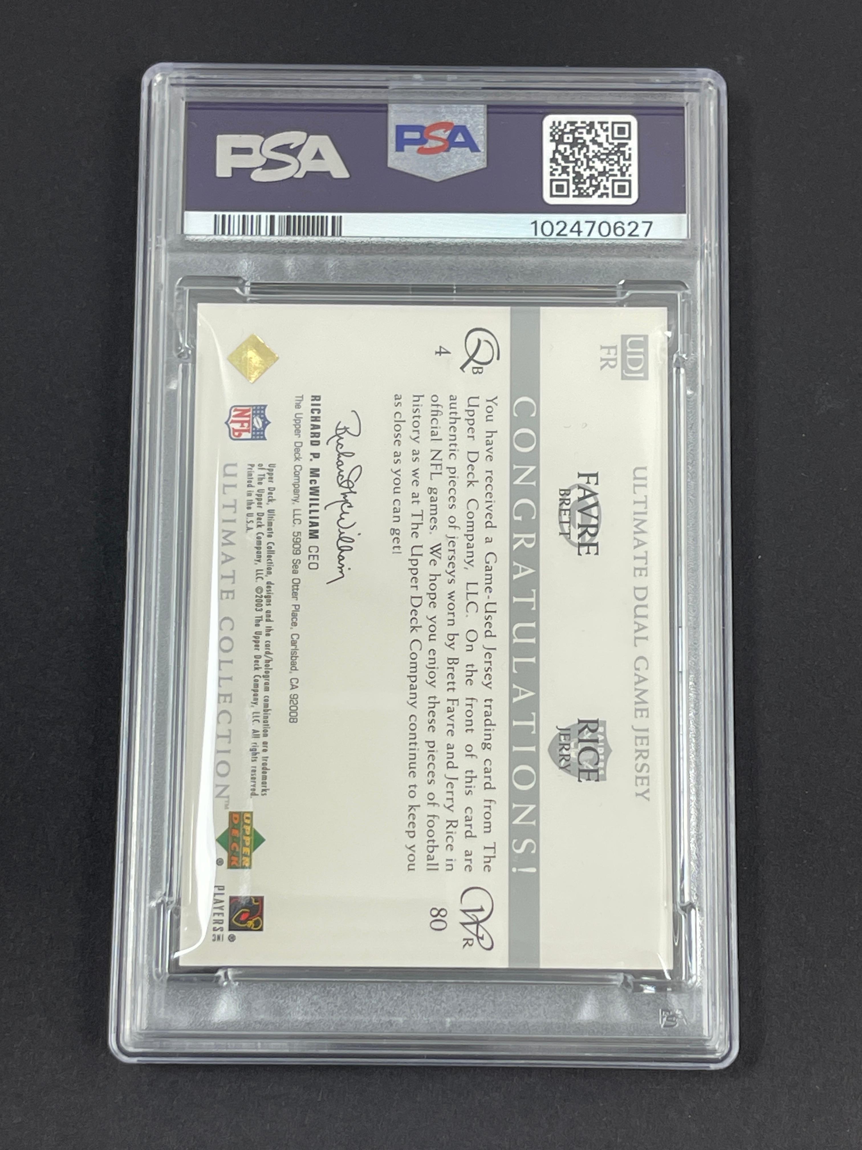 2003 Ultimate Collection Brett Favre/Jerry Rice Dual Game Jersey PSA 10 GEM MT Football Card 242/250