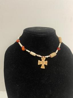 Ancient Mixed Stone and Bead Cross Necklace