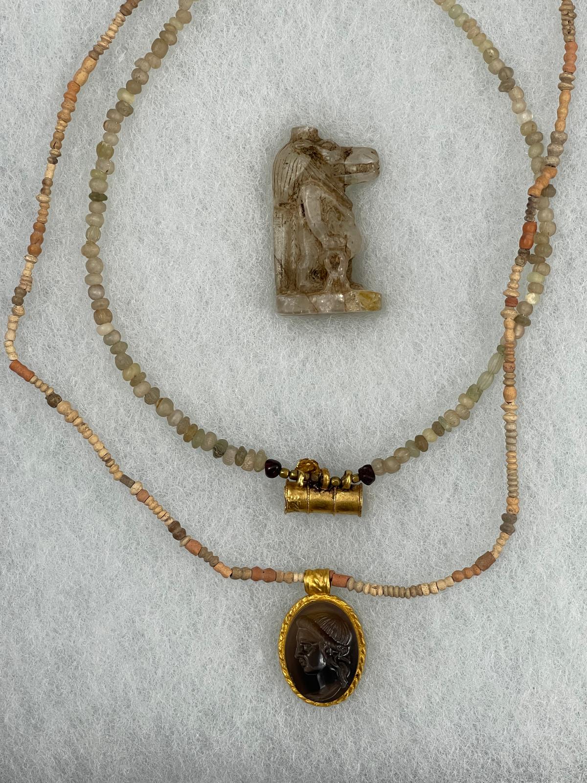 Ancient Stone Bead and Crystal Necklaces with Gold Pendants