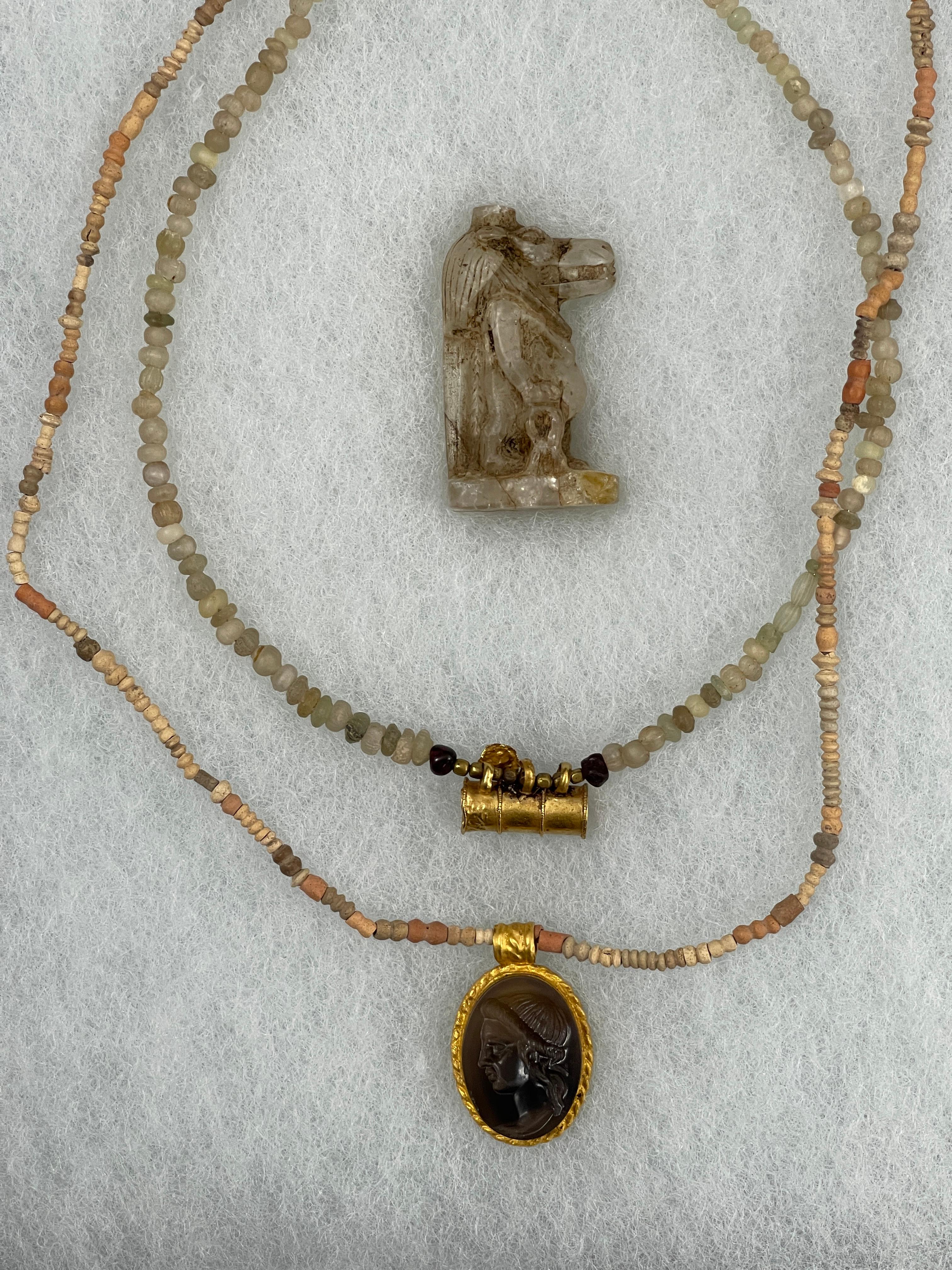 Ancient Stone Bead and Crystal Necklaces with Gold Pendants