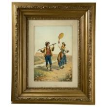 Carlo Ferranti (Italian, 19th Century) â€“ Shepherd Boy Courting Young Girl, Watercolor on Paper, Si