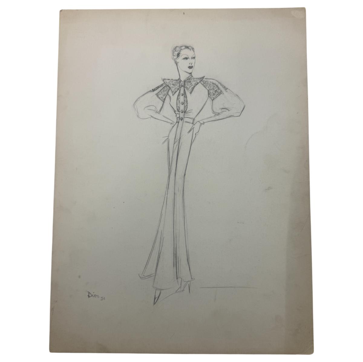 Christian Dior Fashion Design Sketch Pencil Drawing Signed & Dated