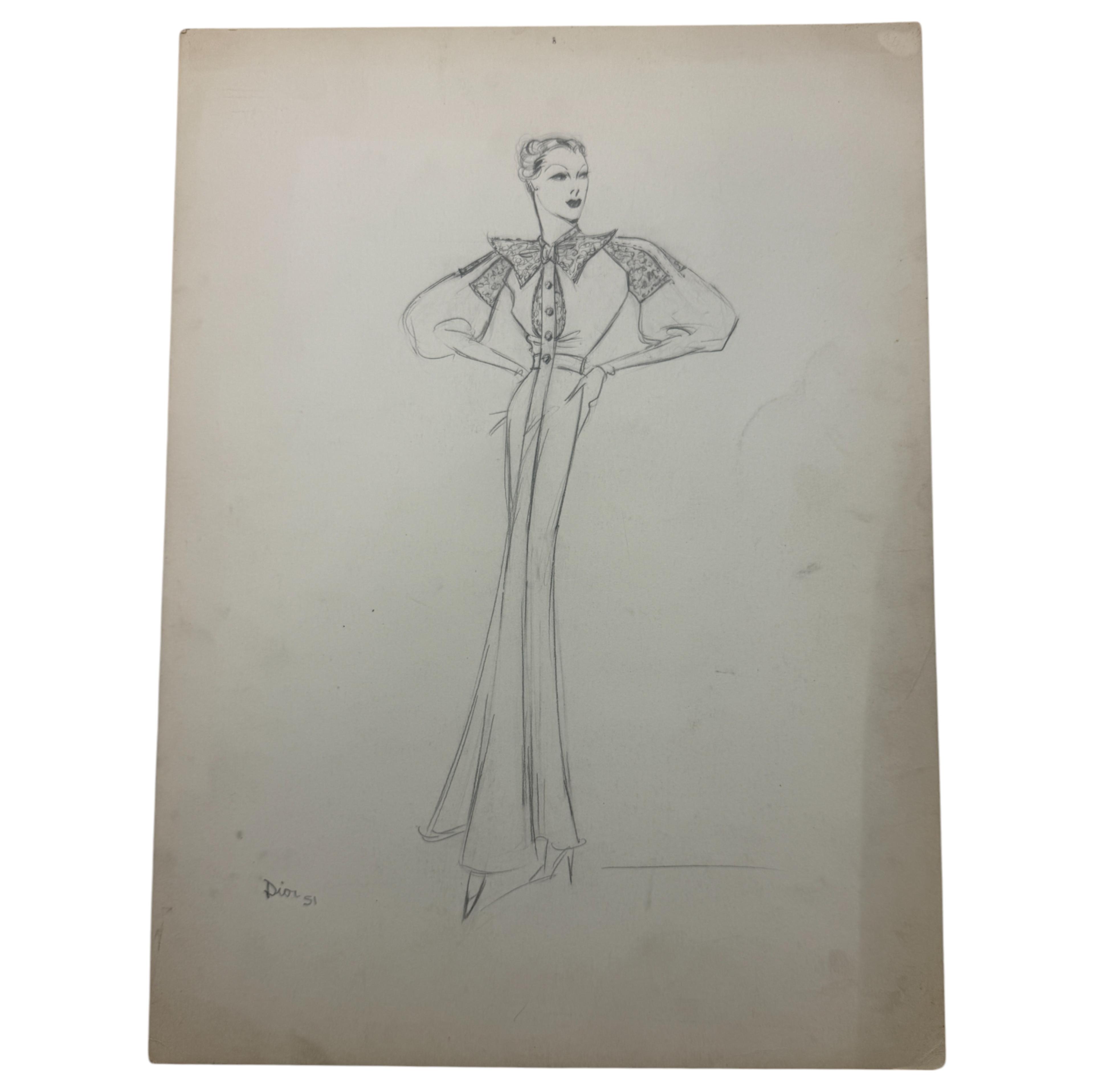 Christian Dior Fashion Design Sketch Pencil Drawing Signed & Dated