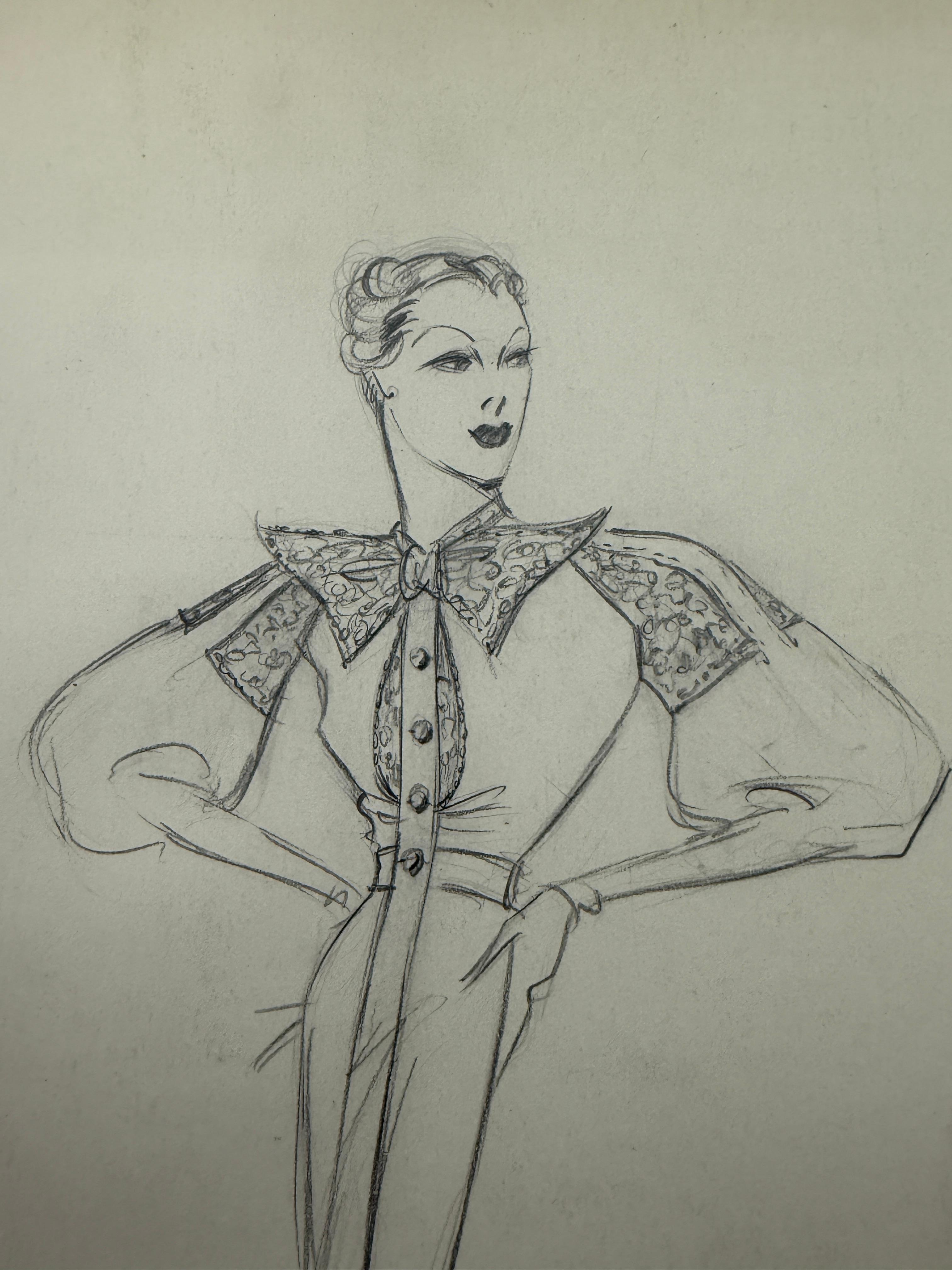 Christian Dior Fashion Design Sketch Pencil Drawing Signed & Dated