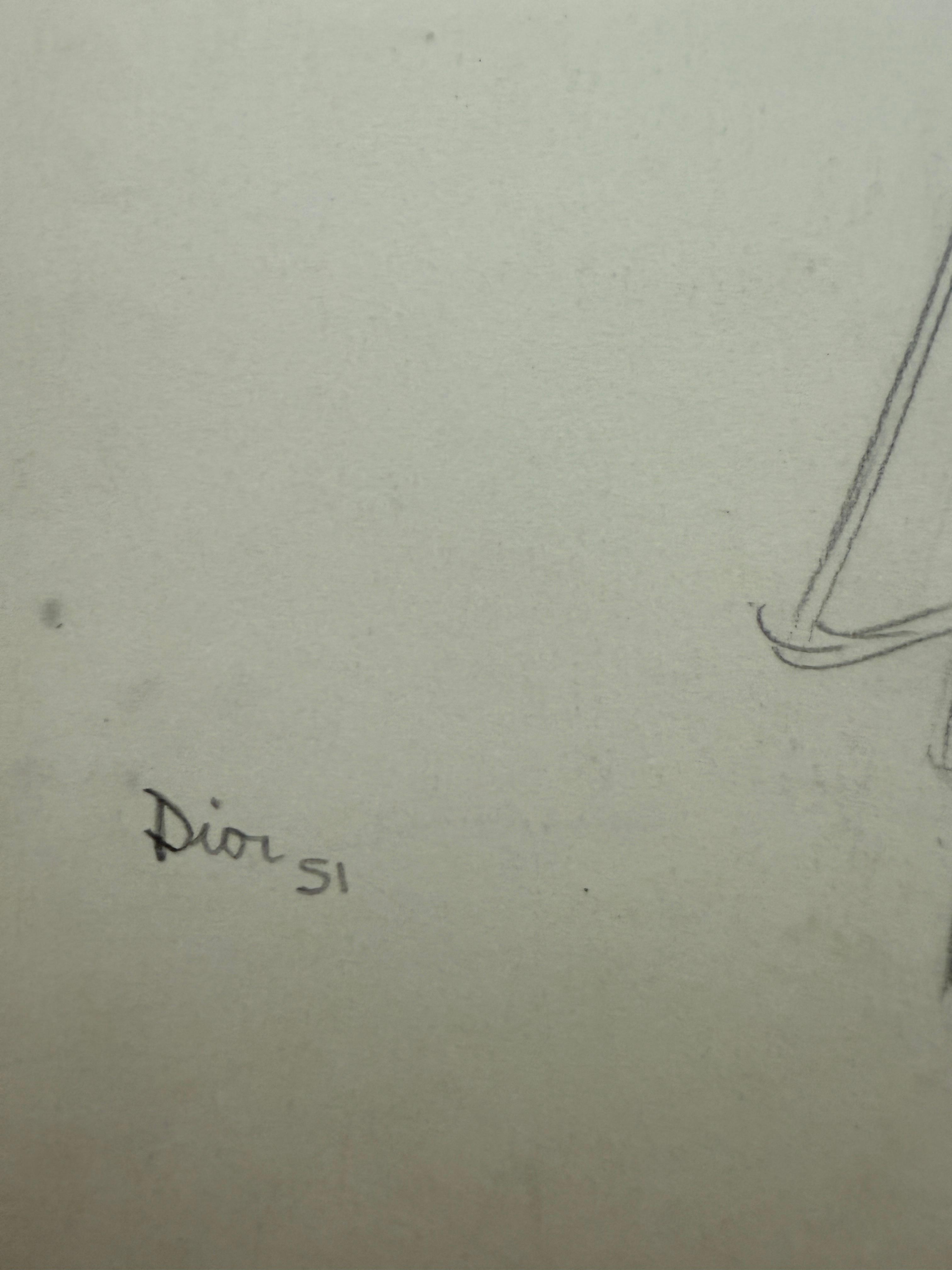 Christian Dior Fashion Design Sketch Pencil Drawing Signed & Dated