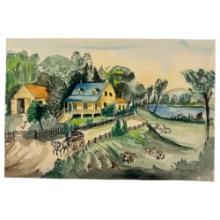 Rural Countryside Watercolor on Paper Signed By Aline Blender on the Bottom Right