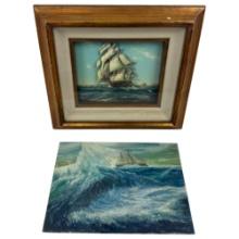 Vintage Nautical Art, Morton Rudnik Oil on Board Ocean Scene, Vintage 3D Clipper Ship at Sea Framed