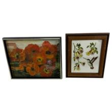 Vintage Still Life Oil on Canvas Painting and Etched Glass Hummingbird on Mirror