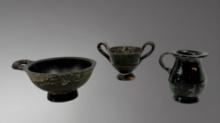 Three-Piece Greek Terracotta Group: Zenon Figurine and Blackware Vessels â€“ 1st Century BC
