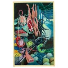 Vintage Unsigned Meat Market Surrealism Painting on Board