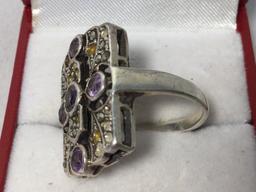 Ladie's Hand Crafted Sterling Silver Ring set with Amethyst Gemstones