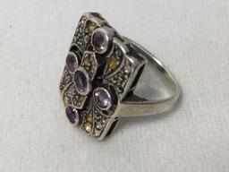 Ladie's Hand Crafted Sterling Silver Ring set with Amethyst Gemstones
