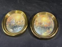 VINTAGE SET OF 2 HOMCO GOLD PLASTIC OVAL PICTURE FRAMES SWAN / CHURCH
