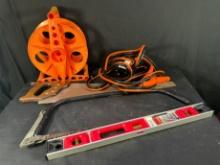 ASSORTED - SAWS, LEVEL, REEL, & BOOSTER CABLES