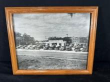 VINTAGE BLACK & WHITE CAR DEALERSHIP PRINT - FRAMED