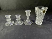CUT CRYSTAL ASSORTED (3) CANDLE HOLDERS (1) VASE
