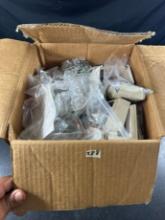 LOT - LARGE BOX OF JEWELRY EXAMPLES, FINDINGS, SUPPLIES, ETC