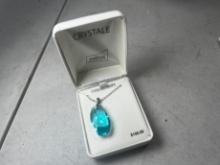 STERLING SILVER NECKLACE WITH AQUAMARINE SWAROVSKI ELEMENT PENDANT
