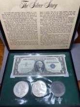 The Silver Story 1921 Morgan Dollar 1923 Peace Dollar Silver Granules and 1957 Silver Certificate