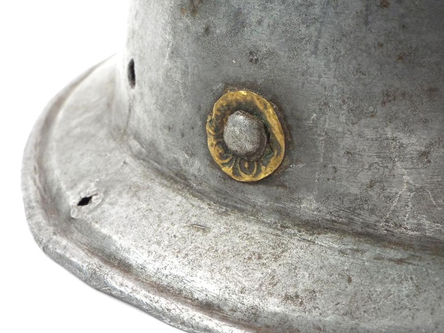 Spanish Conquistadors Or Italian 17th C. Cabasset Morion Helmet With Brass Flowerhead Rivet Decorati