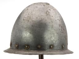 Spanish Conquistadors Or Italian 17th C. Cabasset Morion Helmet With Brass Flowerhead Rivet Decorati