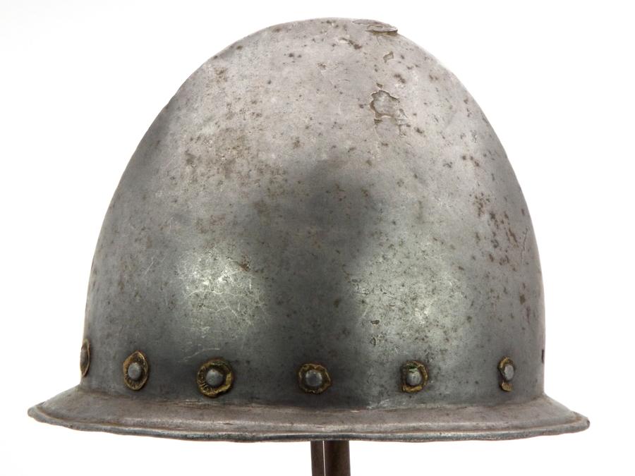 Spanish Conquistadors Or Italian 17th C. Cabasset Morion Helmet With Brass Flowerhead Rivet Decorati