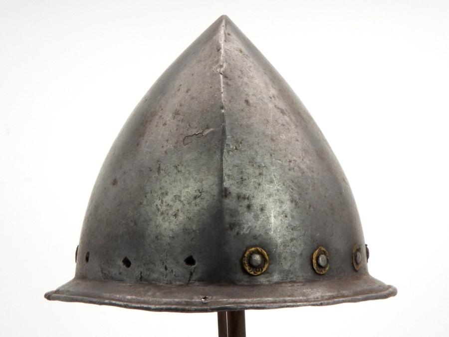 Spanish Conquistadors Or Italian 17th C. Cabasset Morion Helmet With Brass Flowerhead Rivet Decorati