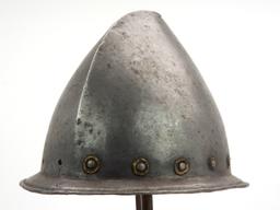 Spanish Conquistadors Or Italian 17th C. Cabasset Morion Helmet With Brass Flowerhead Rivet Decorati