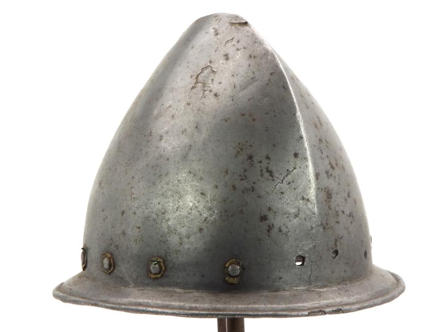 Spanish Conquistadors Or Italian 17th C. Cabasset Morion Helmet With Brass Flowerhead Rivet Decorati