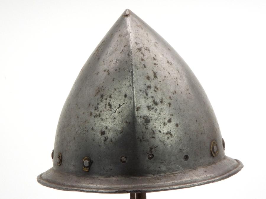 Spanish Conquistadors Or Italian 17th C. Cabasset Morion Helmet With Brass Flowerhead Rivet Decorati