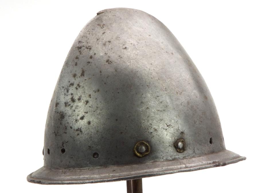 Spanish Conquistadors Or Italian 17th C. Cabasset Morion Helmet With Brass Flowerhead Rivet Decorati