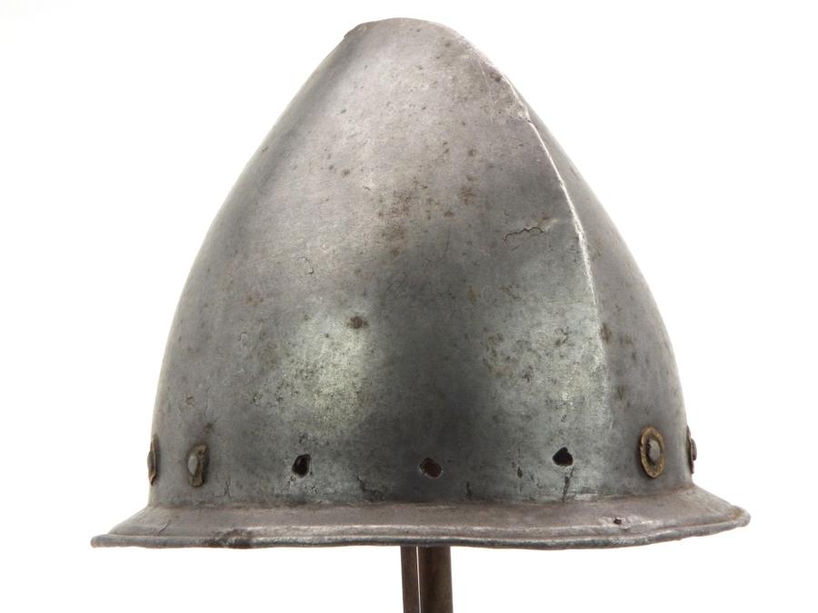 Spanish Conquistadors Or Italian 17th C. Cabasset Morion Helmet With Brass Flowerhead Rivet Decorati