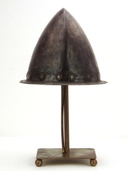 Very Good 17th C. Spanish Conquistador Or Italian Cabasset Morion Helmet With Brass Flowerhead Rivet