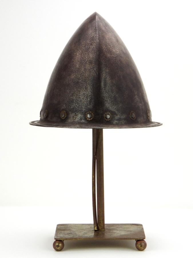 Very Good 17th C. Spanish Conquistador Or Italian Cabasset Morion Helmet With Brass Flowerhead Rivet