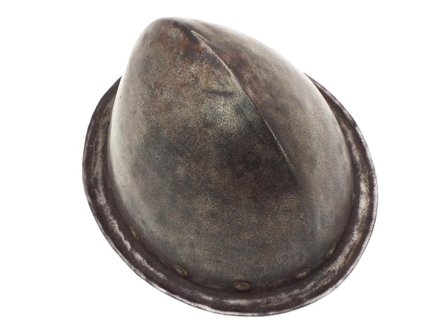 Very Good 17th C. Spanish Conquistador Or Italian Cabasset Morion Helmet With Brass Flowerhead Rivet