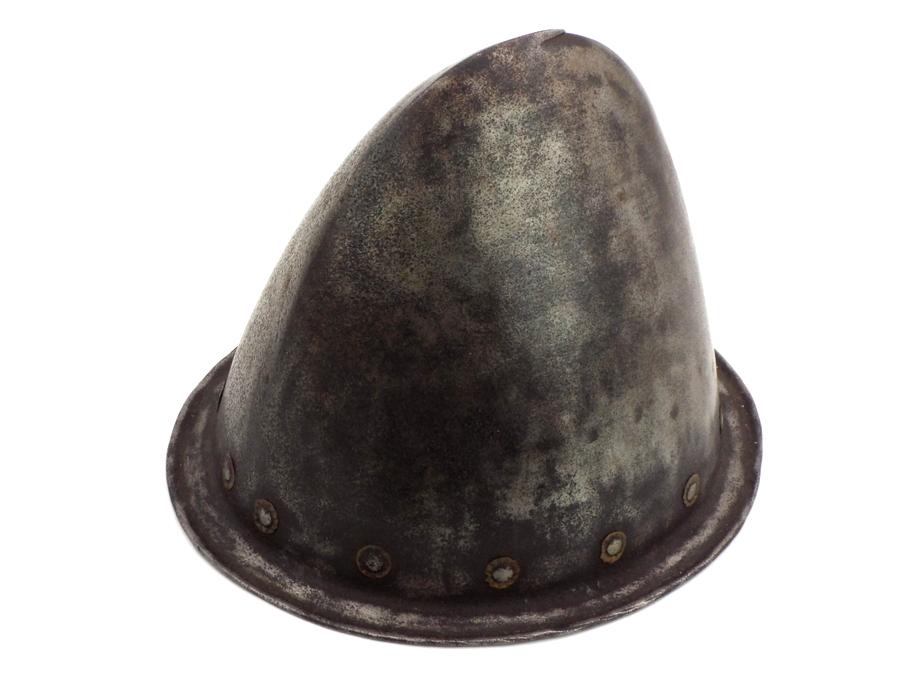 Very Good 17th C. Spanish Conquistador Or Italian Cabasset Morion Helmet With Brass Flowerhead Rivet