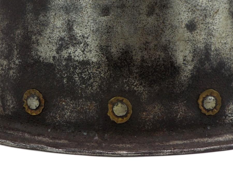 Very Good 17th C. Spanish Conquistador Or Italian Cabasset Morion Helmet With Brass Flowerhead Rivet