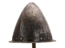 Very Good 17th C. Spanish Conquistador Or Italian Cabasset Morion Helmet With Brass Flowerhead Rivet