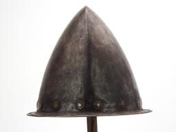 Very Good 17th C. Spanish Conquistador Or Italian Cabasset Morion Helmet With Brass Flowerhead Rivet