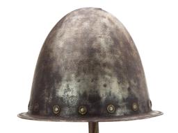 Very Good 17th C. Spanish Conquistador Or Italian Cabasset Morion Helmet With Brass Flowerhead Rivet