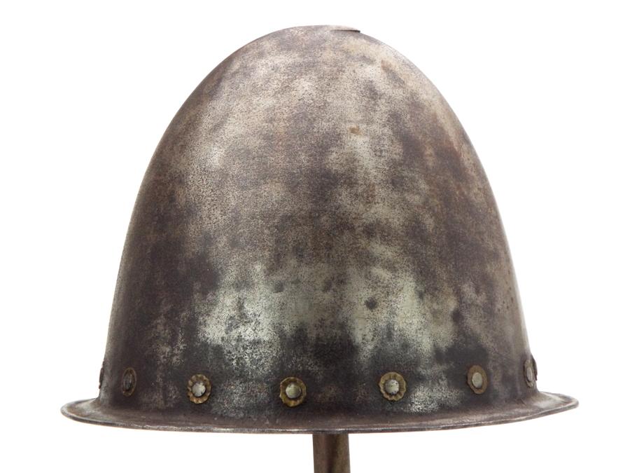 Very Good 17th C. Spanish Conquistador Or Italian Cabasset Morion Helmet With Brass Flowerhead Rivet