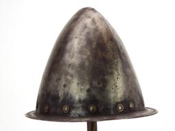 Very Good 17th C. Spanish Conquistador Or Italian Cabasset Morion Helmet With Brass Flowerhead Rivet